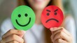 © JW Studio - Customer giving rating and review with happy or sad face icons by choosing green happy face. Customer satisfaction, evaluation, service quality online rating concept.