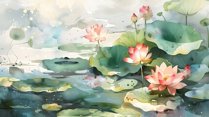 Beautiful watercolor painting of lotus flowers and leaves in a pond, in an influential and harmonious style of colors. A symbol of fertility.
