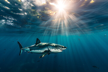 Elegant great white shark swimming clear blue ocean water capturing awe of nature wildlife using Nikon AFS NIKKOR 1424mm f28G ED utilizing underwater photography technique natural light reveal