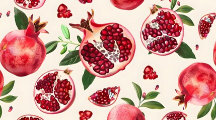 Wall Mural - Pomegranate seamless pattern, fresh fruits background, summer wallpaper