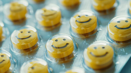 Pill tab packaging, Yellow pills with smiley faces symbolizing antidepressant medication 