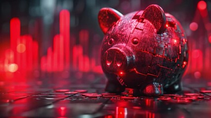Poster - This rusty piggy bank sits on coins with a blurred red chart in the background.