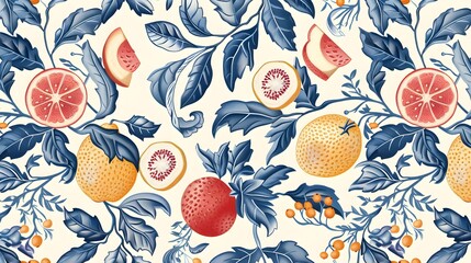 Wall Mural - Pomegranate seamless pattern. Fruit, branches, leaves and flowers on lights background. Best for wallpaper, fabric, wrapping paper, bed linen. Hand drawn vector illustration
