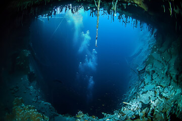 Hidden beneath turquoise water of Caribbean Sea Great Blue Hole off coast of Belize natural wonder of epic proportion massive underwater sinkhole measuring over 300 meter across 125 meter deep haven