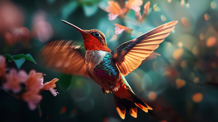 Wall Mural - Hummingbird flying vibrant colors, AI Generative.