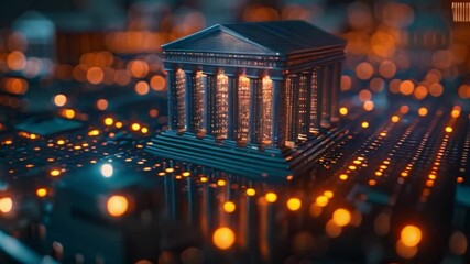 Poster - A miniature model of a classical building with columns and a pediment is positioned on a circuit board surface.