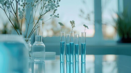 Wall Mural - laboratory table holding test tubes filled with pale blue liquid text area available