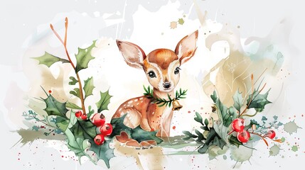 Wall Mural - Watercolor art of a baby deer with holly leaves and berries on a winter background. Concept of Christmas, holiday season, wildlife, festive art