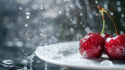 Wall Mural - Juicy red cherry glistening with water on the plate