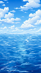 Wall Mural - Abstract ocean background in minimalist style. Blue wavy ocean and sky illustration. Copy space for text.