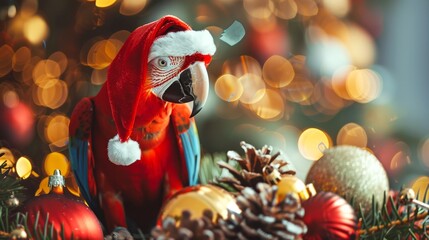 Wall Mural - Colorful parrot wearing Santa hat with festive bokeh lights. Concept of tropical bird, Christmas celebration, holiday decorations, exotic wildlife