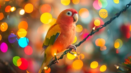 Wall Mural - Vibrant parrot with colorful feathers perched on a branch with festive ornaments. Concept of exotic bird, nature, wildlife, tropical decoration