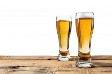 Two beer glasses on a wooden table. Isolated on a white background.