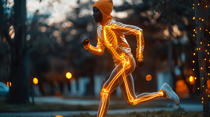 Runner doing dynamic stretching with a glowing xray effect on the shin area focusing on preventing shin splints