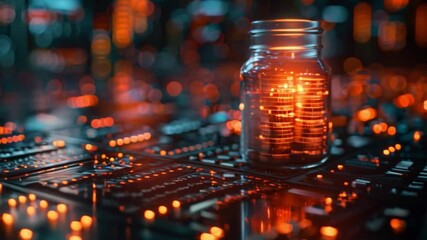 Poster - This glass jar filled with coins sits on a circuit board illuminated with red light.