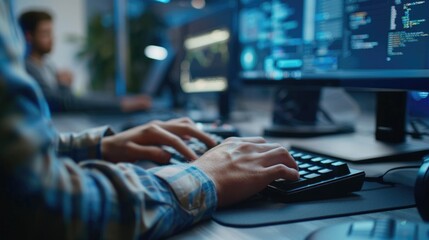 POV of QA engineer typing on keyboard while using computer at workplace in office  copy space