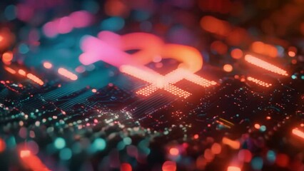 Poster - This Close-up of a glowing bitcoin symbol on a circuit board. Funding concept