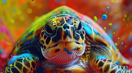Wall Mural - Watch as this adorable turtle embraces its inner artist, splattering joyous hues in every direction