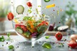 © InfiniteStudio - Bowl of vegetable salad with flying vegetables and oil drops.