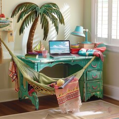 Wall Mural - Tropical Palm Desk: An island-inspired desk featuring a palm tree motif, a hammock chair, and a beach towel, ideal for transporting you to a tropical paradise. (Turquoise)