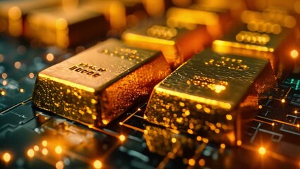 Aufkleber - This Gold bars rest on a circuit board background, glowing with warm light.