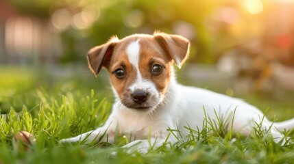 Canvas Print - Joyful young Jack Russell pup rests on the lawn