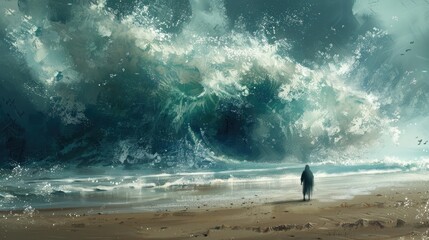 Wall Mural - Tsunami, lonely figure at the beach looking to a huge upcoming wave, generative AI