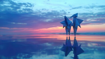 Wall Mural - Two origami figures on reflective surface, dusk hues backdrop