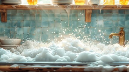 A kitchen sink filled with soapy water overflowing with bubbles, showing plates and bowls on the counter with sunlight streaming in from the window above making it very idyllic.