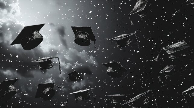 Graduation caps are seen mid-air against a dark sky backdrop with stars and clouds, symbolizing achievement, celebration, and new beginnings for graduates.