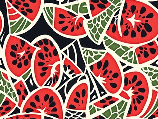 Wall Mural - Batik-style Watermelon Slice Seamless Pattern