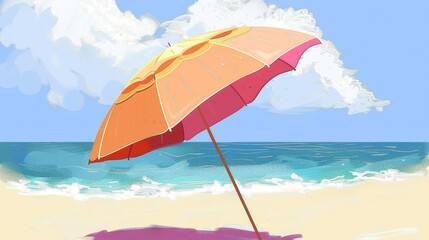 A vibrant cartoon-style illustration of a colorful beach umbrella standing on a beautiful sandy shore, with a clear blue sea and sky in the background under bright sunlight.