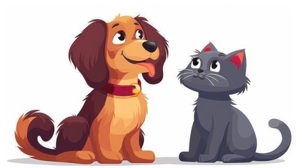 A playful cartoon illustration featuring a joyful brown dog and a curious grey cat sitting together, showcasing their cheerful companionship and endearing expressions.