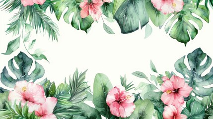 Wall Mural - A stunning arrangement featuring lush green tropical leaves and vibrant pink hibiscus flowers. This image captures the essence of a tropical paradise with its vivid colors and lush greenery.