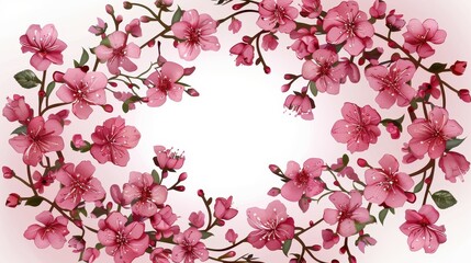 Wall Mural - Cherry blossoms adorned with water droplets, arranged in an oval frame, showcasing their delicate beauty with soft pink petals and green leaves for a serene visual.