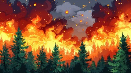 A fiery inferno blazes through a thick green forest, with high flames and dark smoke creating an intense and alarming scene illustrating the destructive power of wildfires.