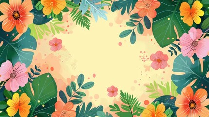 Wall Mural - A beautiful botanical frame filled with colorful tropical flowers and lush green leaves, set against a light, airy background, perfect for various decorative themes.