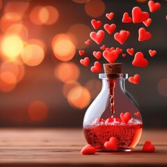 Wall Mural - A love potion in an elegant glass bottle, with heart-shaped bubbles rising to the top 