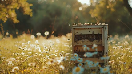 Wall Mural - A wooden box with bees in it is sitting in a field of flowers. The bees are busy collecting nectar from the flowers. The scene is peaceful and serene