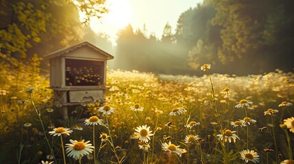 Wall Mural - A small wooden bee hive is in a field of yellow flowers. The sun is shining brightly on the flowers, creating a warm and inviting atmosphere