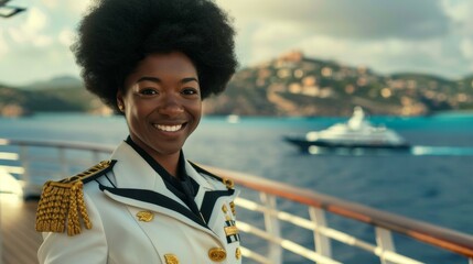 Poster - A woman in uniform standing on a boat with water behind her. Generative AI.