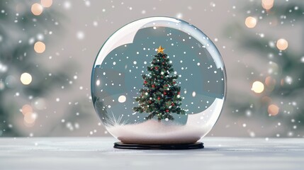 A beautifully adorned Christmas tree sits elegantly inside a clear glass snow globe, surrounded by falling snow and ambient lights, creating a festive winter scene.