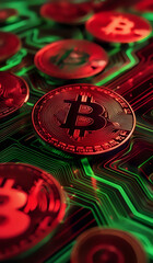 Wall Mural - Digital transactions flowing representing bitcoin in red and green tones