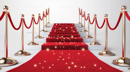 A glamorous red carpet leading up a set of steps, flanked by golden stanchions and red ropes, signifying an important or prestigious event with shimmering lights.