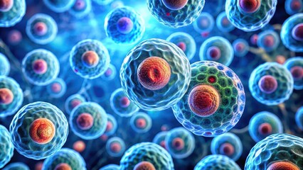 Wall Mural - Close-up of human cells under a microscope , biology, science, microscopic, research, healthcare, medical, division