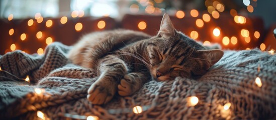 Wall Mural - A relaxed cat is resting on a cozy knitted sweater on a couch adorned with twinkling lights, evoking a cozy weekend in winter or autumn.