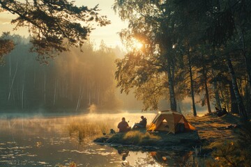 Wall Mural - A man and a woman sit by a lake in a yellow tent. The sun is setting, casting a warm glow over the scene. The water is calm and still, reflecting the trees and sky. The atmosphere is peaceful