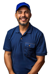 Smiling Latin American man in a blue uniform and cap with pocket detail, isolated on a transparent background.