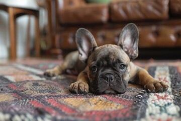 Wall Mural - A cute little dog is laying on a rug in a living room. The dog has brown and black fur and is looking up at the camera