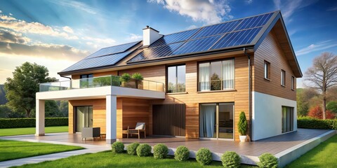 Wall Mural - Sustainable modern house with solar panels and heat pump , sustainable, modern, house, building